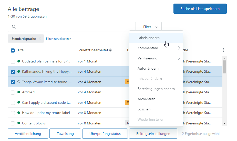 Beiträge – Massenaktion „Labels ändern“