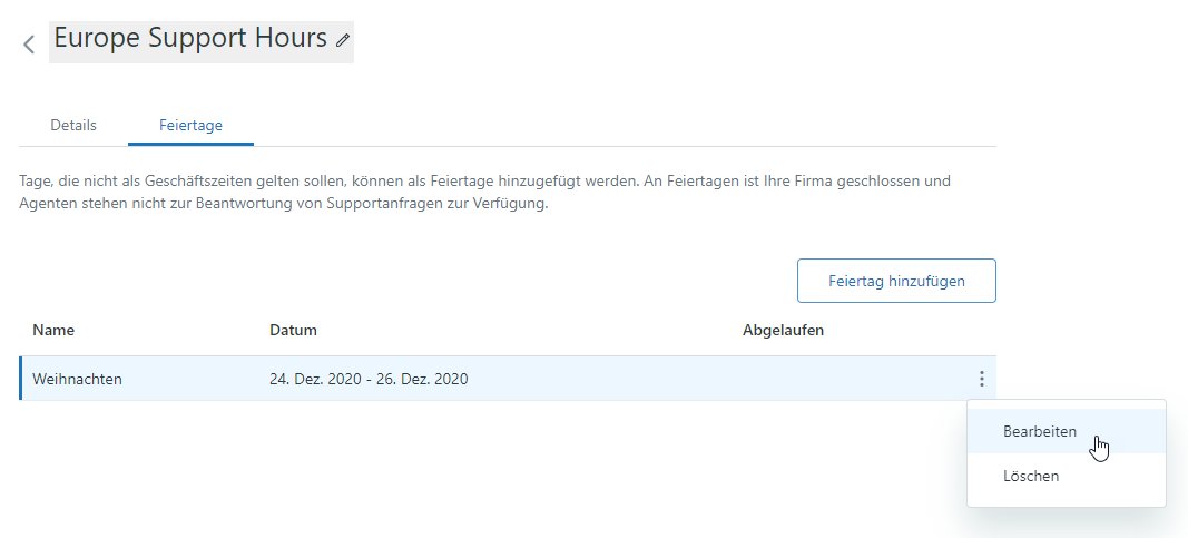Bearbeiten eines Feiertagsplans
