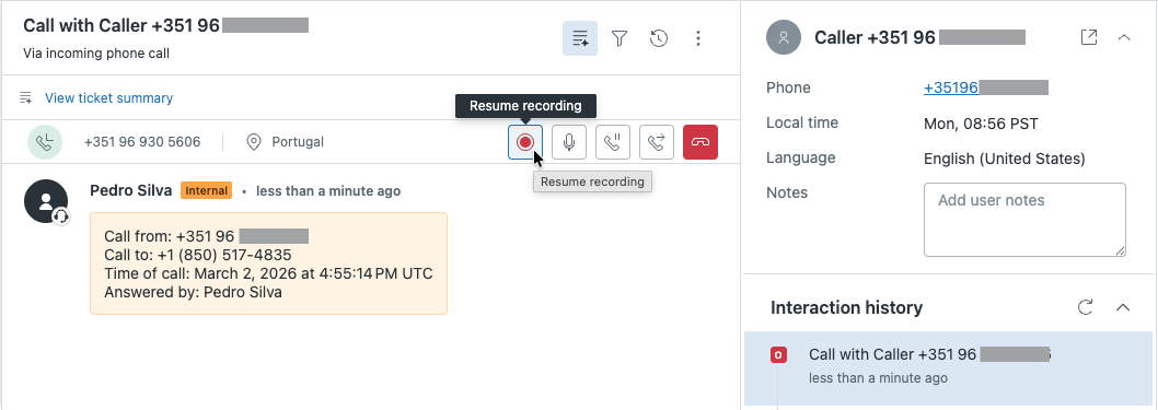 Call recording resume in the ticket call bar