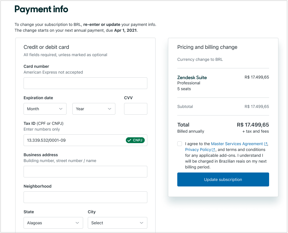 Changing the payment currency – Zendesk help