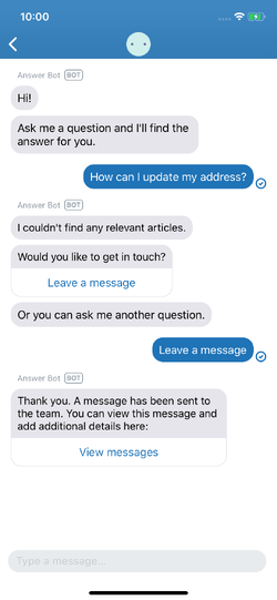 Answer Bot presents other contact options