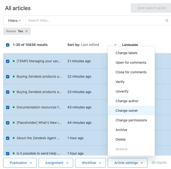 Modification du propriétaire de plusieurs articles en masse