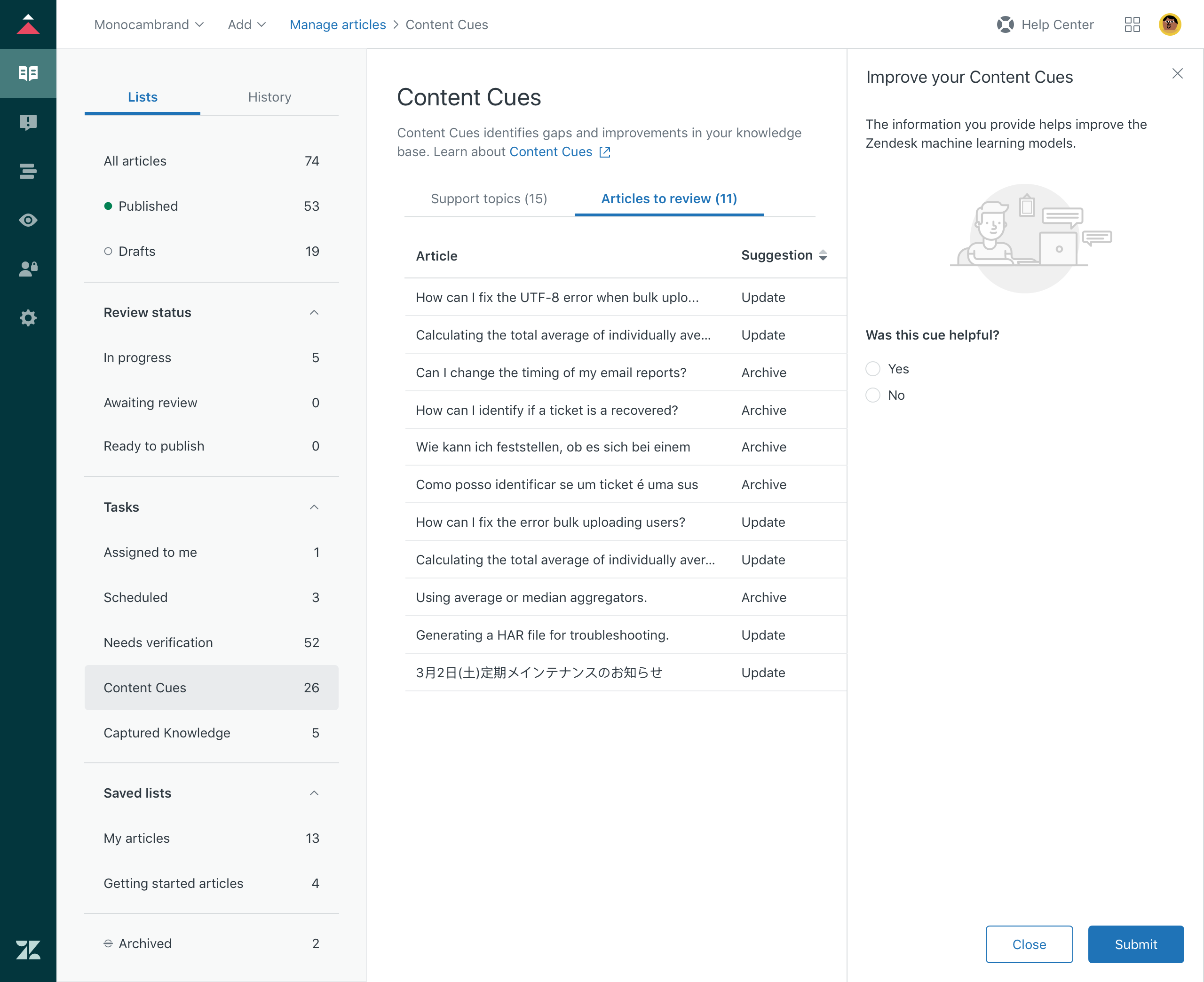 Guide Content Cues articles to review feedback flow