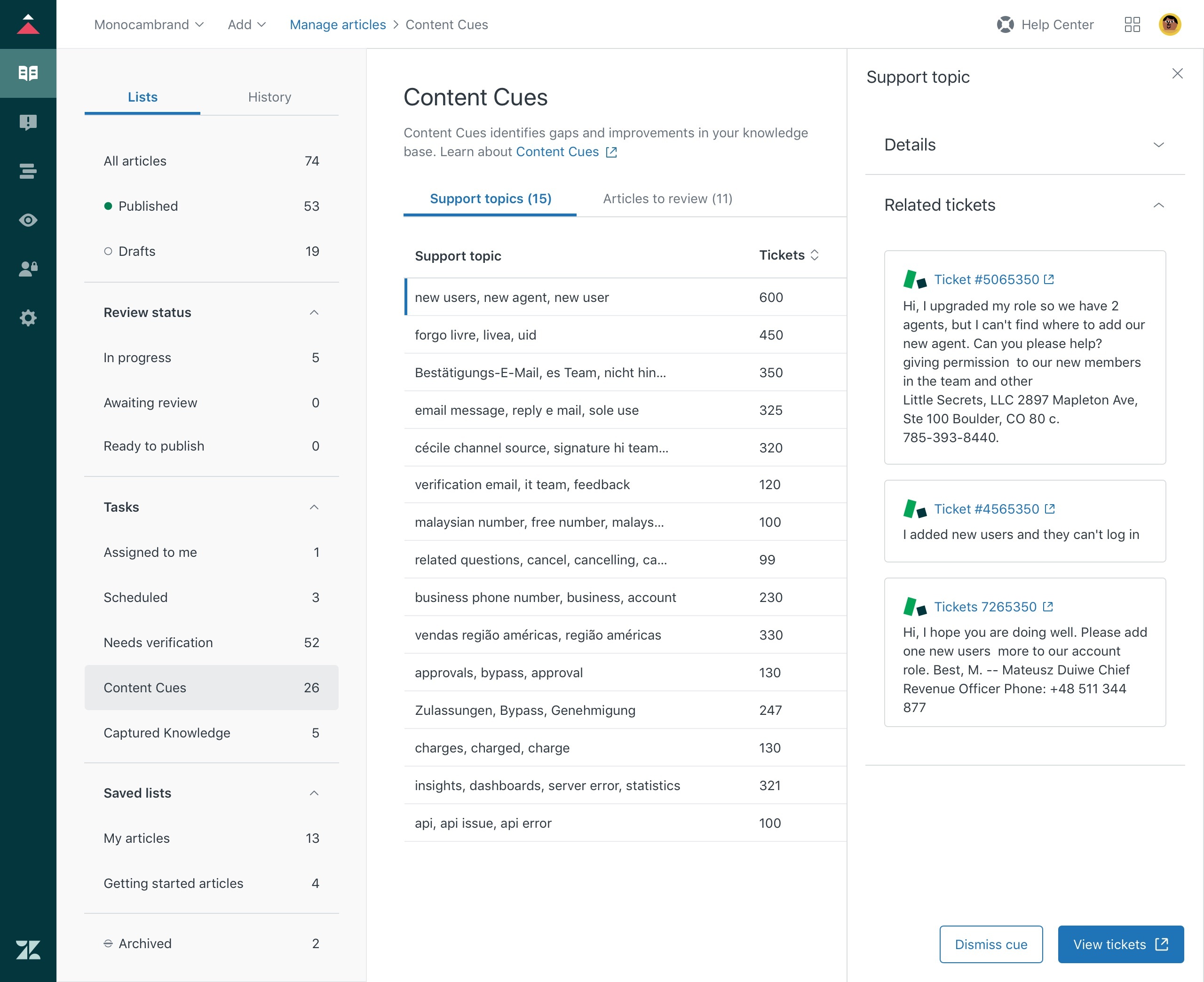 Tickets relacionados con Pistas de contenido, Guide