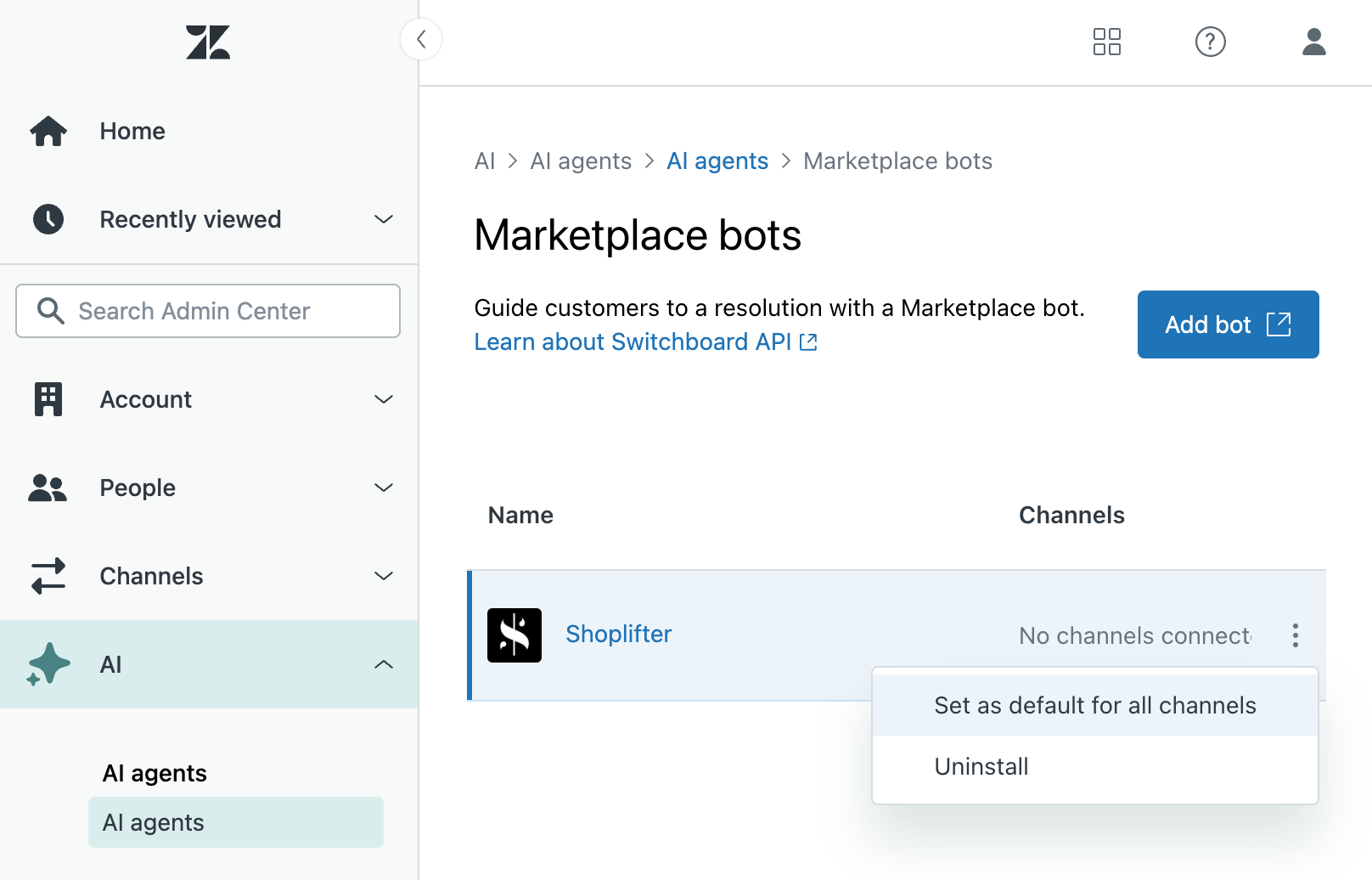 Screenshot of marketplace bots in Admin Center