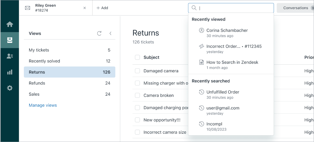 Announcing access to recent searches and content records in Support –  Zendesk help