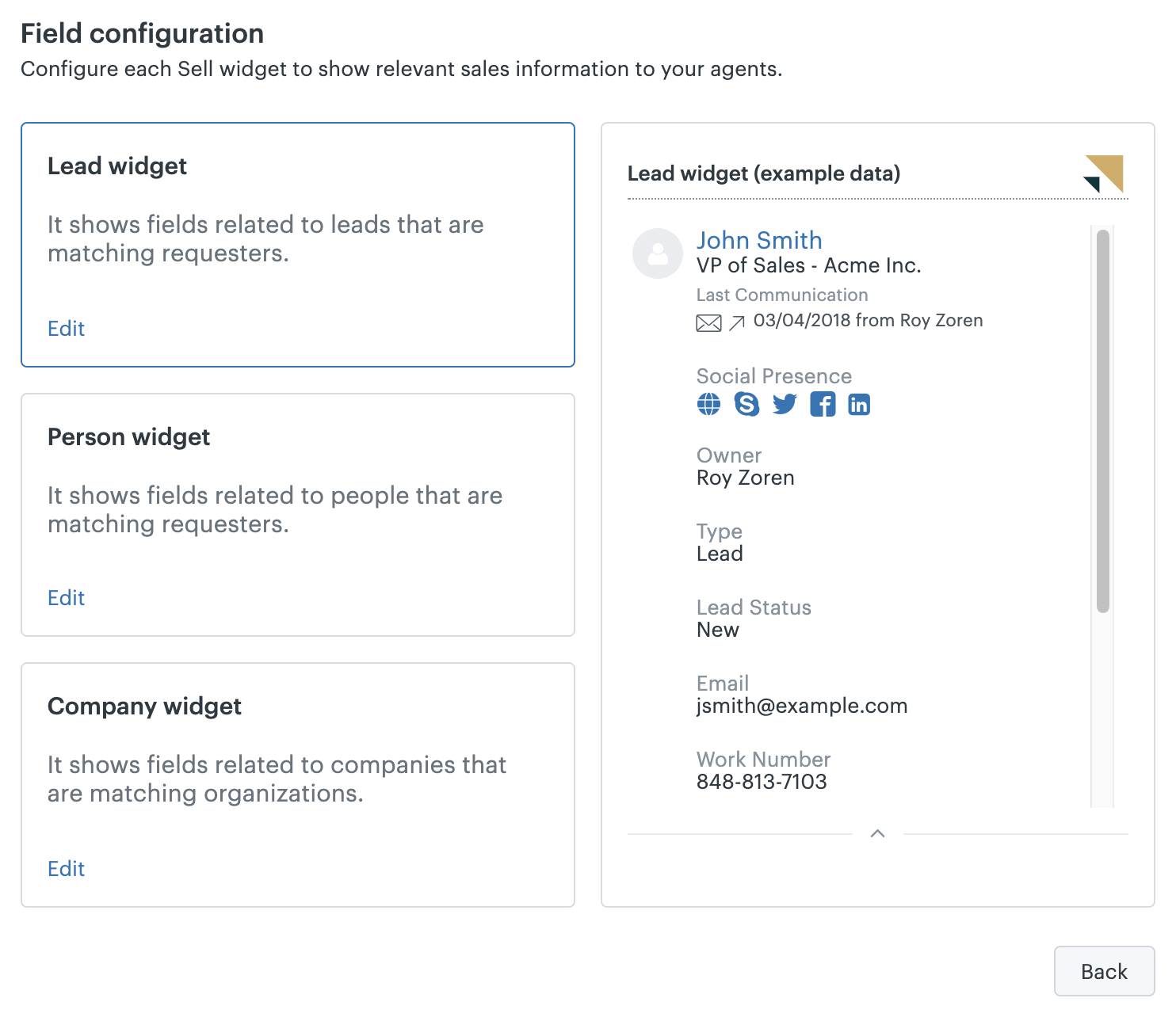 Sell field configuration.