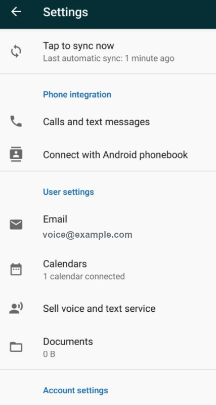 Ativar o Voz no menu de configurações do Sell para Android