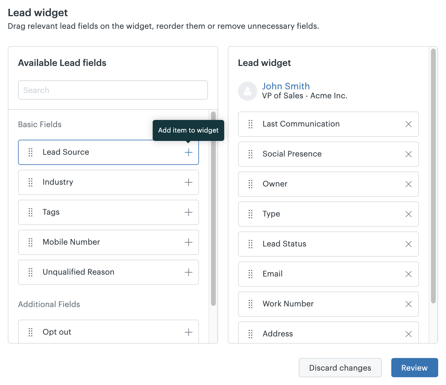 Sell fields add item to widget.