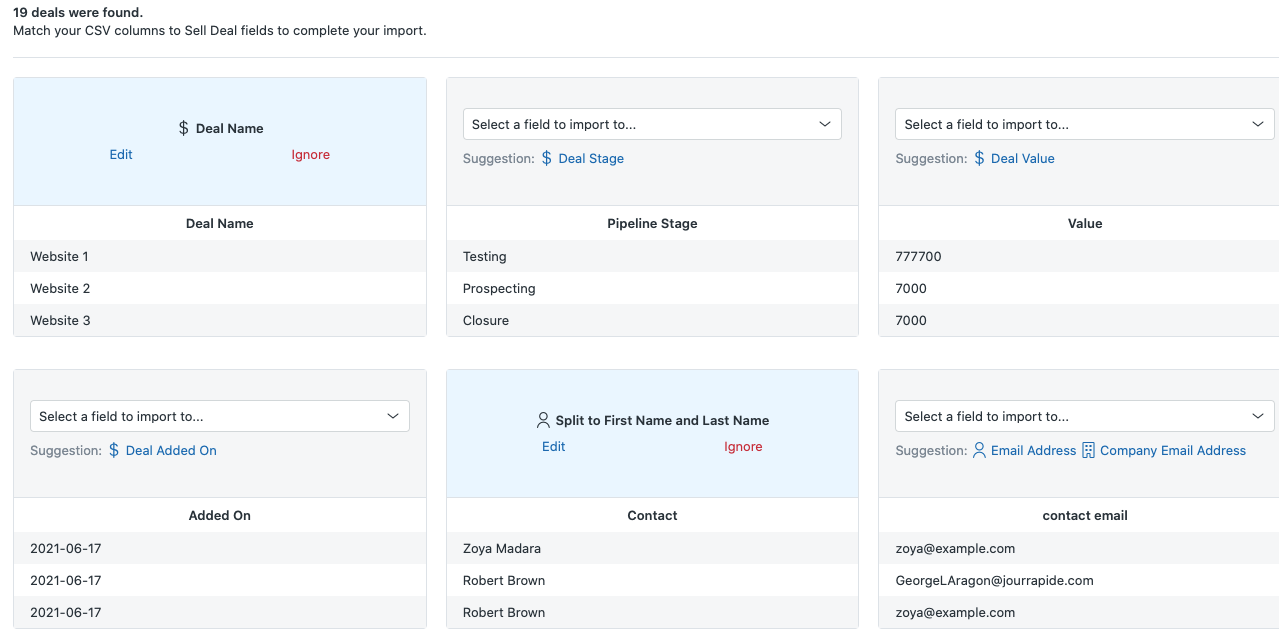 Sell import data, split first name and surname