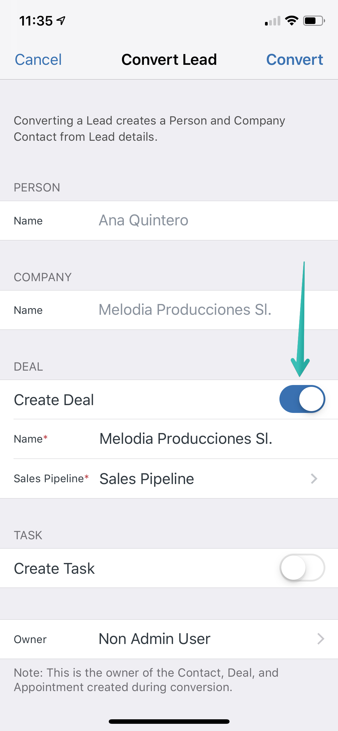 Convertir un lead en un trato, Sell iOS