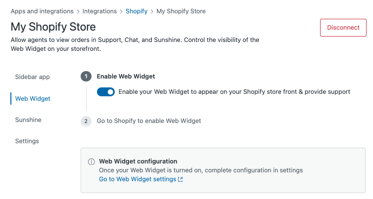 Shopify's customer support settings 