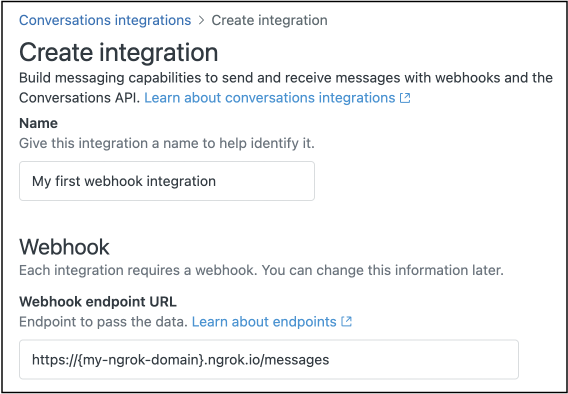 Text inputs for integration name and webhook URL