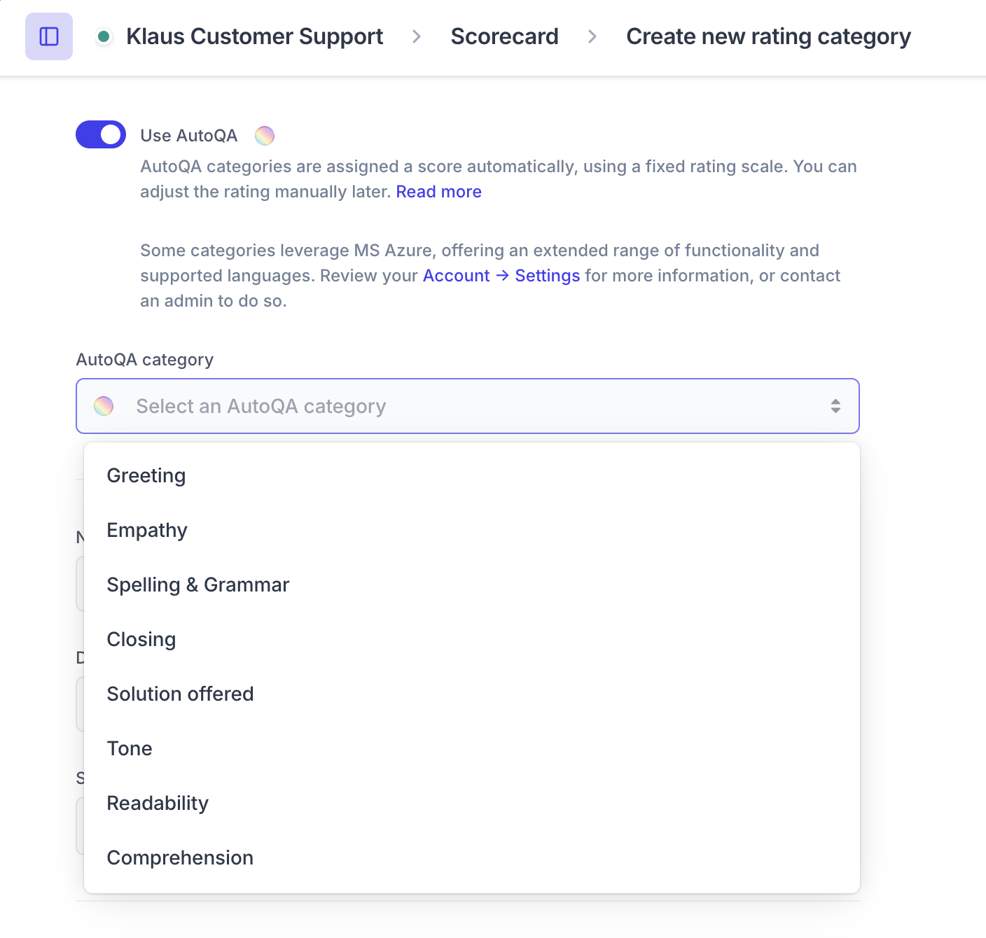 Setting up AutoScoring categories