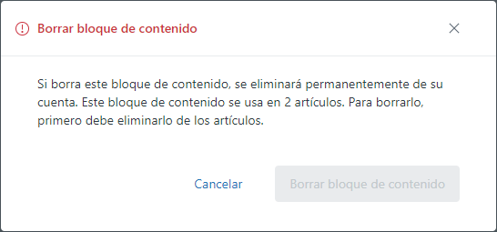 Mensaje de borrado del bloque de contenido de Guide