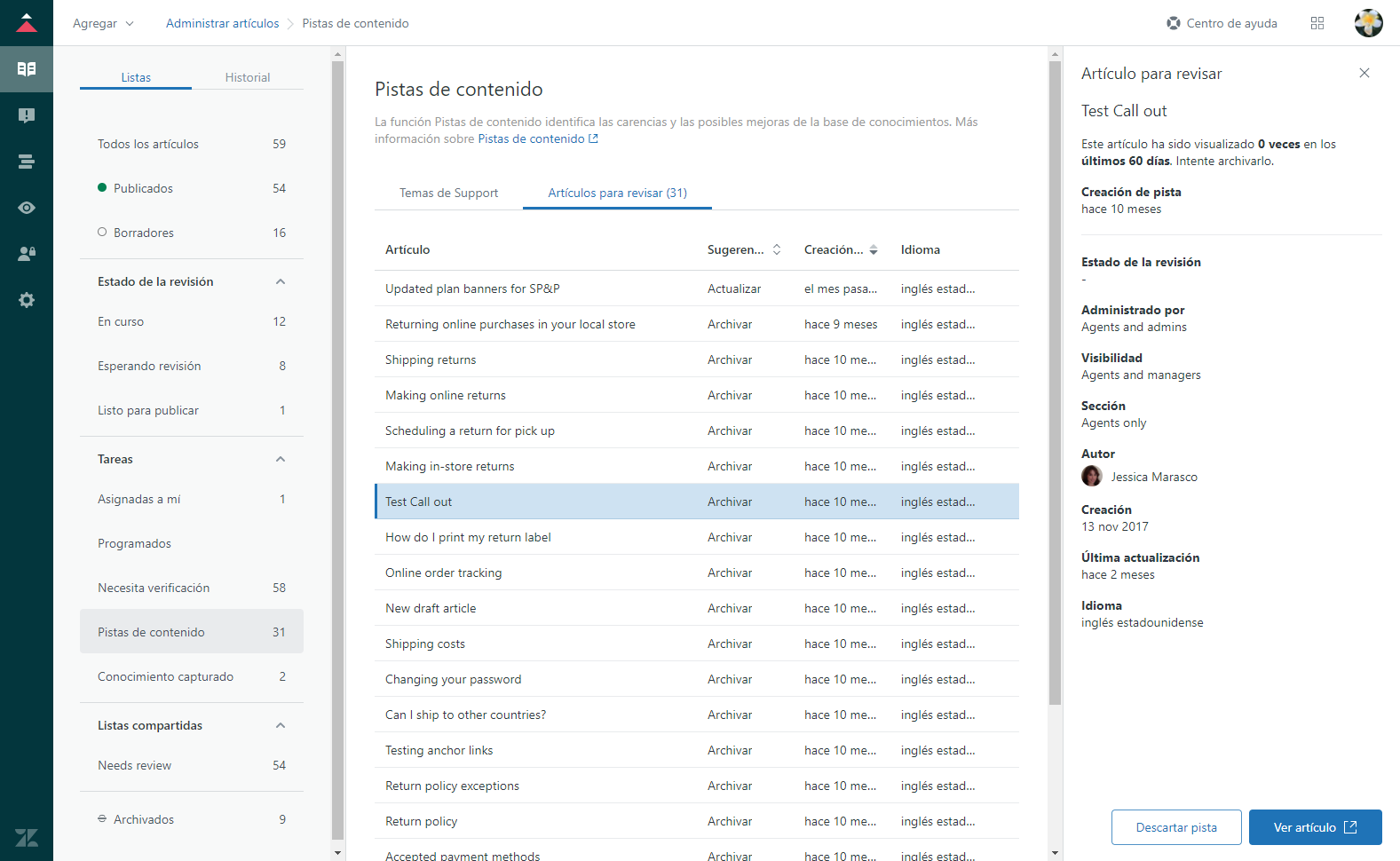 Hoja de artículos para revisar de Pistas de contenido de Guide