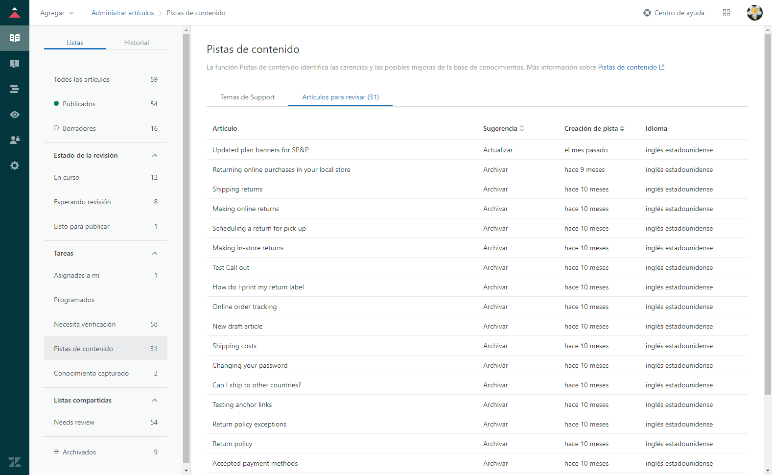 Flujo de comentarios de artículos para revisar de Pistas de contenido de Guide