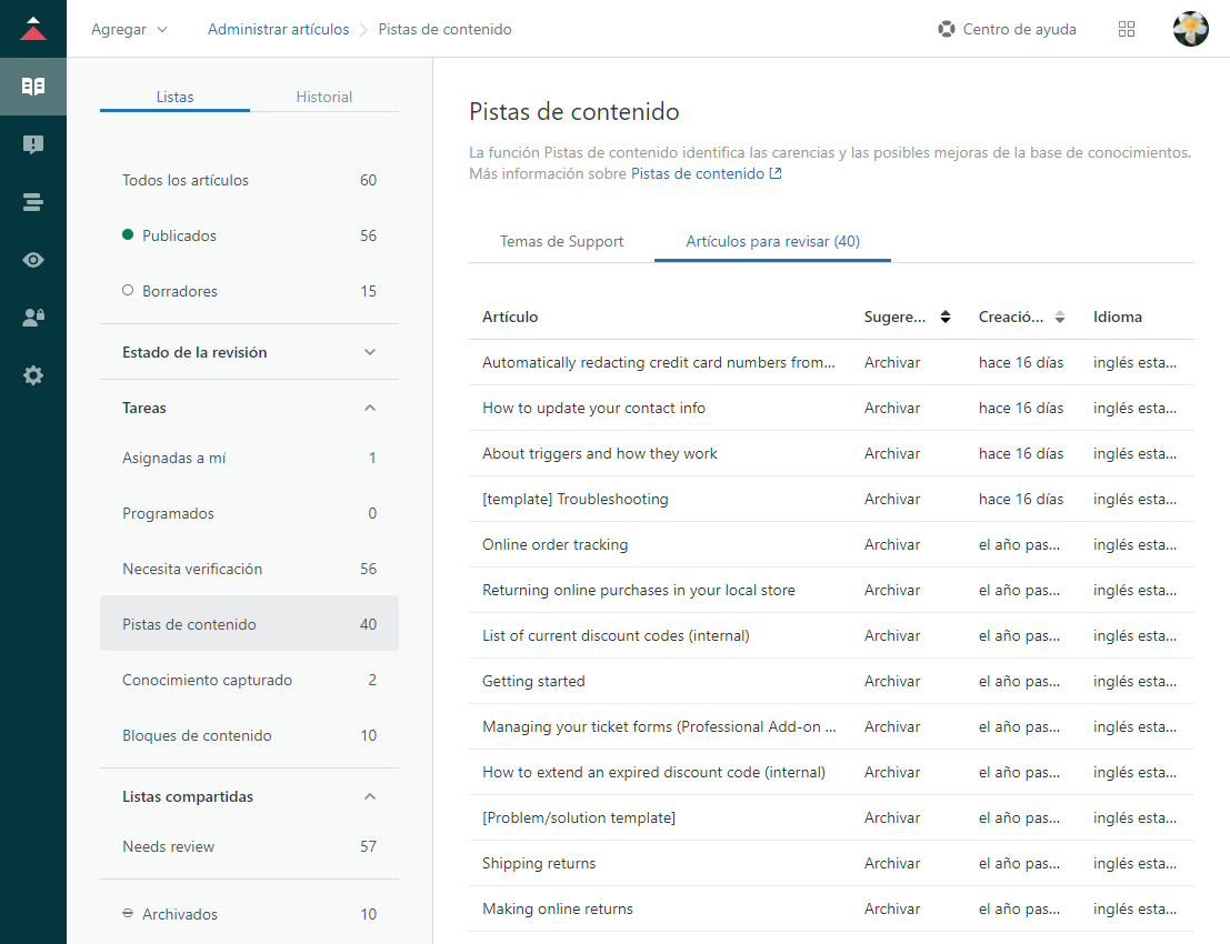 Revisar temas de soporte de Pistas de contenido, Guide