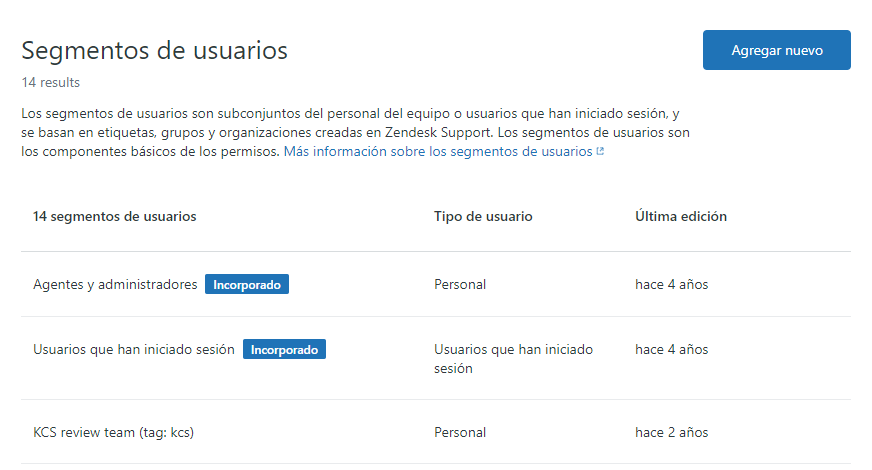 Página de administración de segmentos de usuarios de Guide