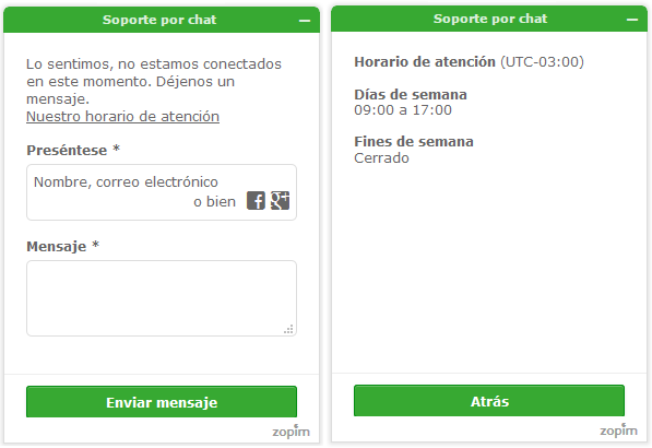 Notificación de horario comercial en Chat