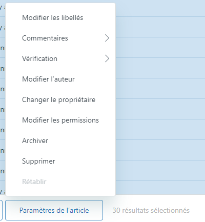 Actions en masse pour les articles Guide