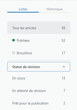 Listes d’articles de la publication d’équipe du centre d’aide