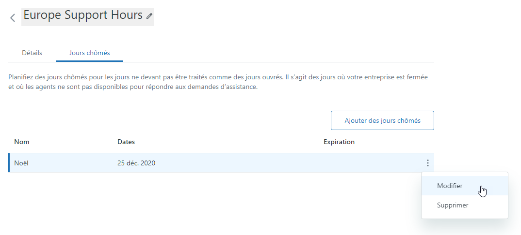 Modification de la planification des jours chômés