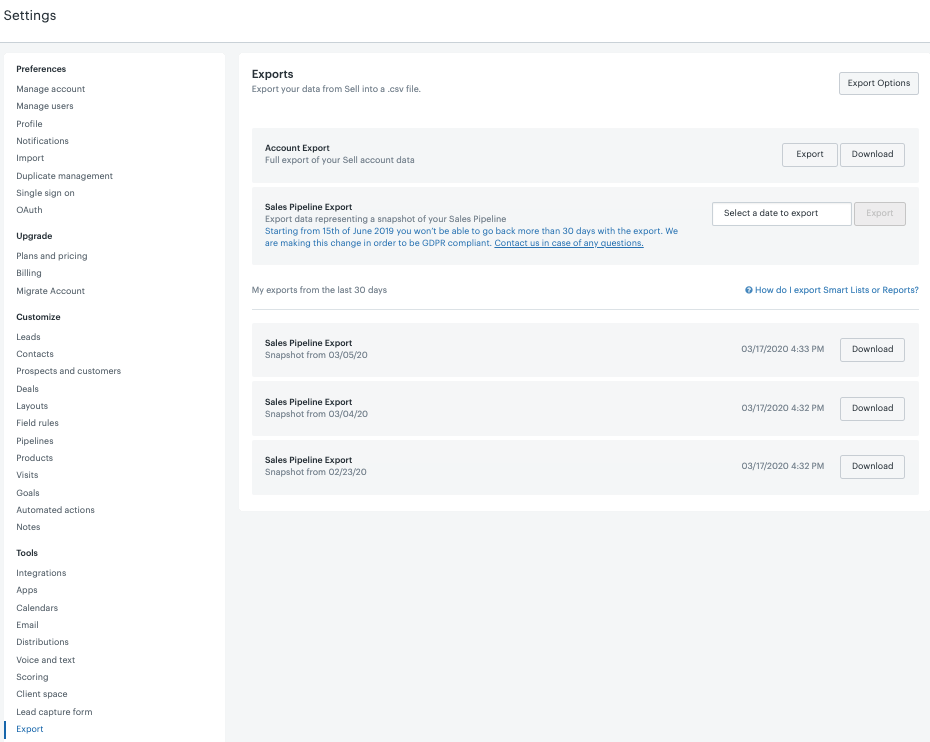 Sell - Exportation d’une liste intelligente