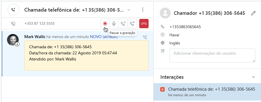 Botão de pausa da gravação de chamada no Zendesk Talk