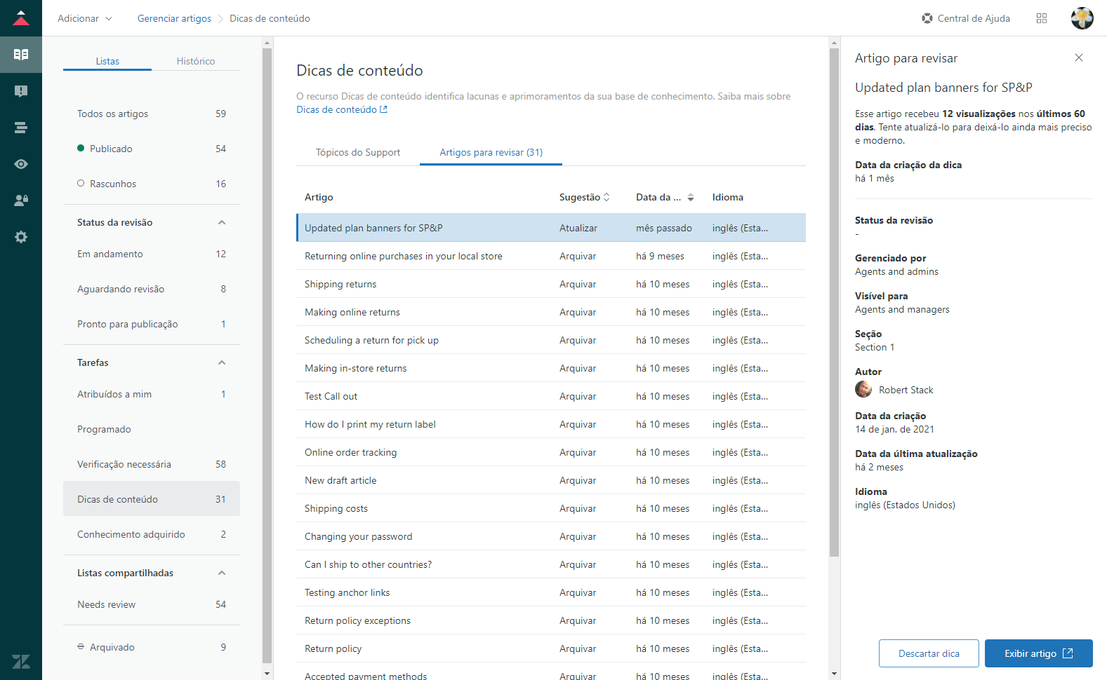 Aba Artigos para revisar das Dicas de conteúdo do Guide