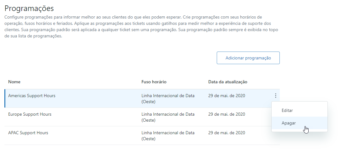 Menu de opções das programações