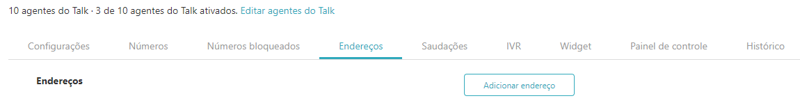 Aba de configurações de endereço do Talk