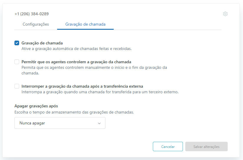 Controles de gravação de número externo do Talk